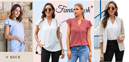 Elegant V-Neck Ruffle Sleeve Blouse – Flowy Summer Top for Women (Sizes S-3XL)